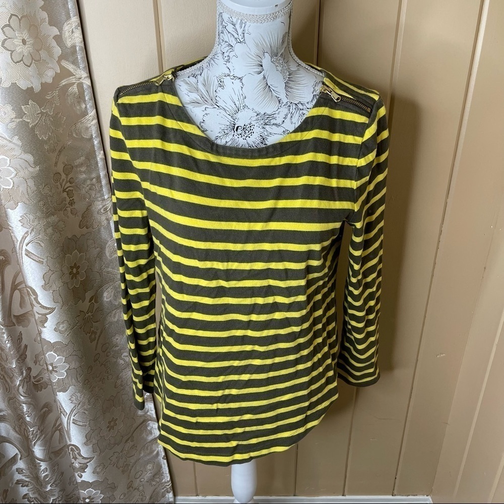Talbots Woman Yellow Gray Striped Cotton Knit ~Zip Shoulder~ Tunic Top Medium